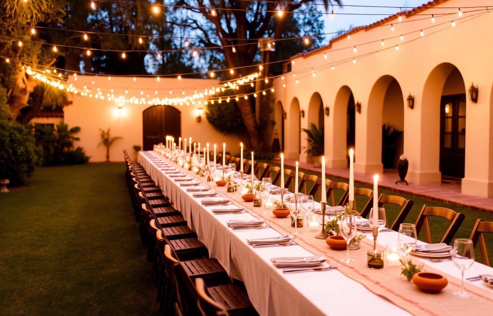 Mesa larga elegante para evento en San Pedro al atardecer